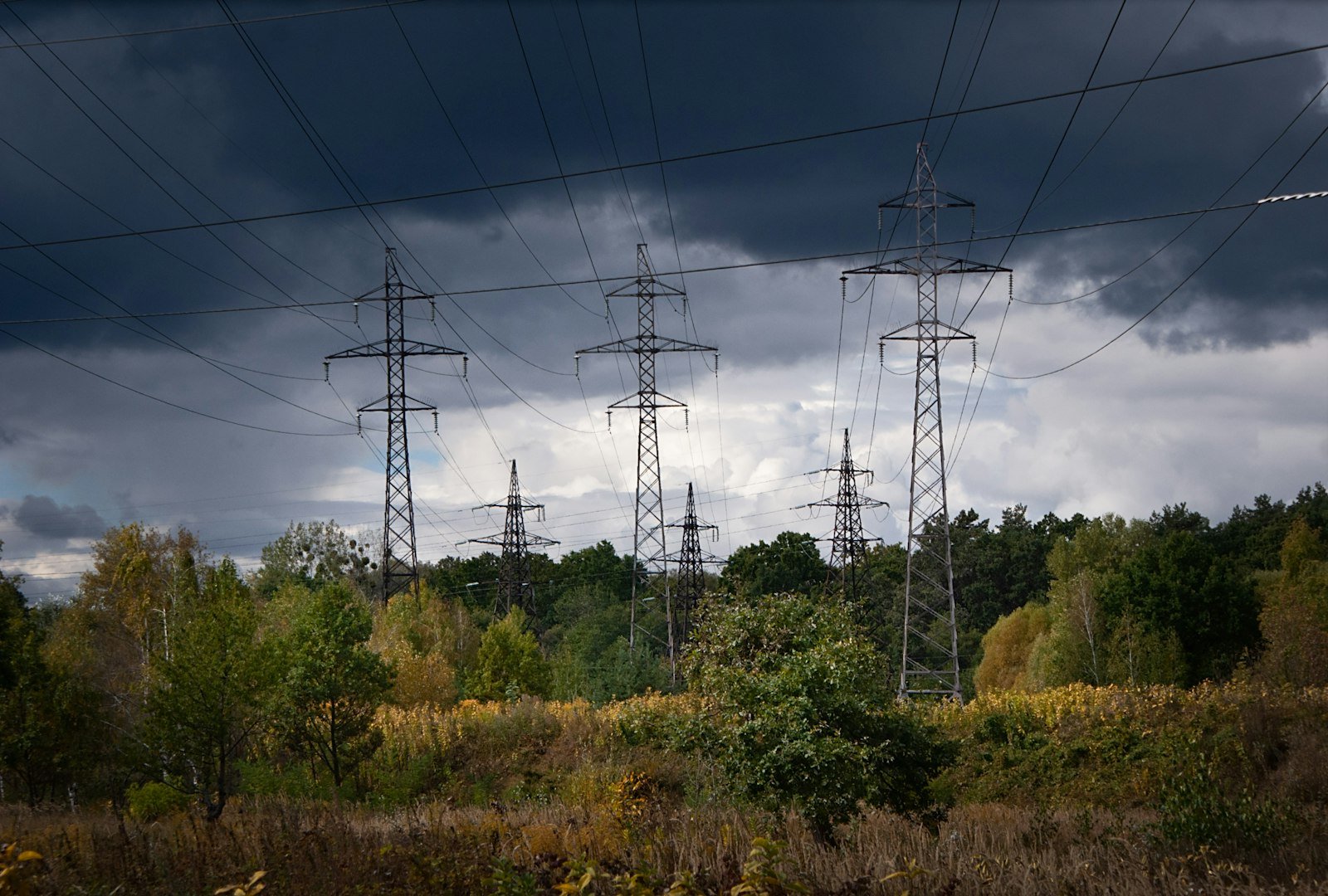 Torres e linhas de transmissão sob céu carregado, cercadas por vegetação.